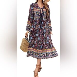 Bohemian Floral Long Sleeve Dress - Multicolor xs